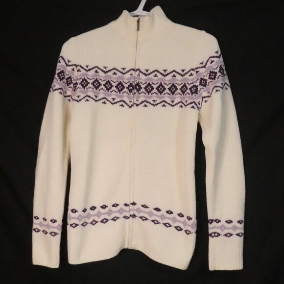 DENVER HAYES | small | Ivory Chenille Zip-Up Cardigan with Purple Pattern | NWOT - Picture 1 of 14